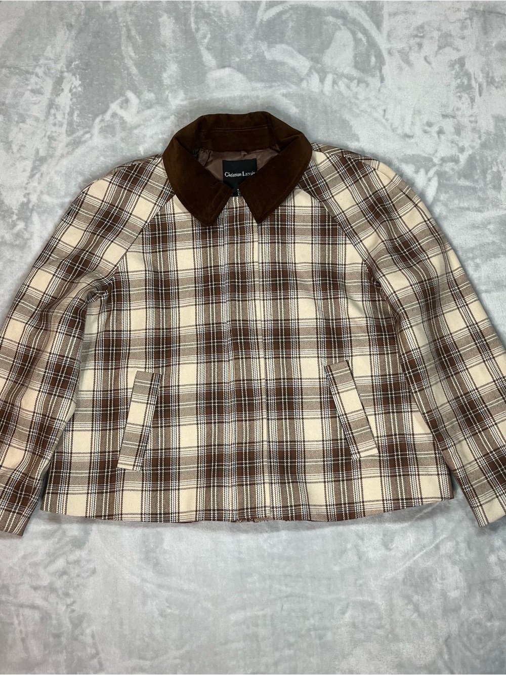 Christian Lacroix Plaid Cropped Jacket Brown Cream Velvet Collar Women Size 6 - Picture 5 of 16